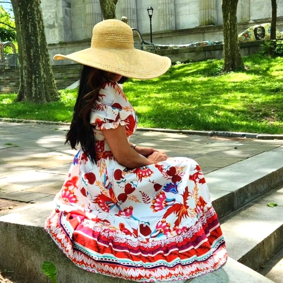 Floral, ruffle trim, puff sleeve, maxi dress - Picture 1 of 3